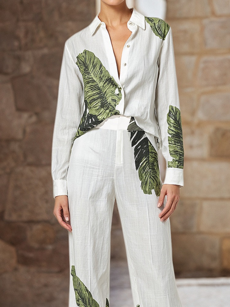 Linen Shirt Breathable - UOOZEE Blus Linen Imitasi Cetak Daun